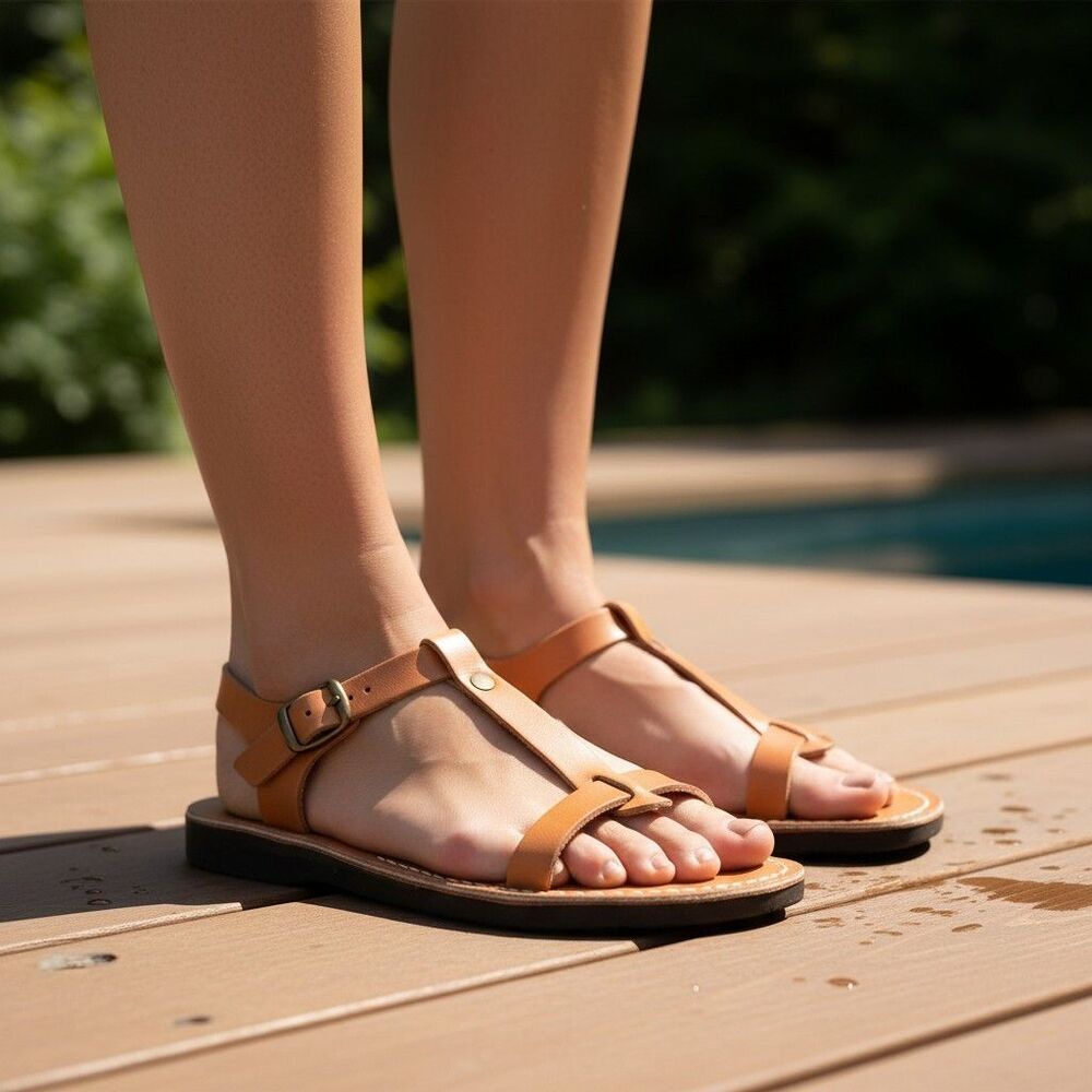 Jerusalem Sandals Women's 6.5 Brown Leather T-Strap Flat Handmade 37